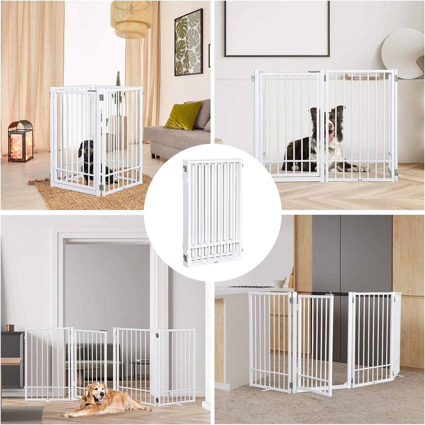 Metal Freestanding Dog Gate with Door, Extra Wide 81", 31" Height Foldable Dog Gates for Doorways, Tall Pet Fence Indoor Pet Gates, 4 Panels Pet Barrier for Stairs Hallways, Black