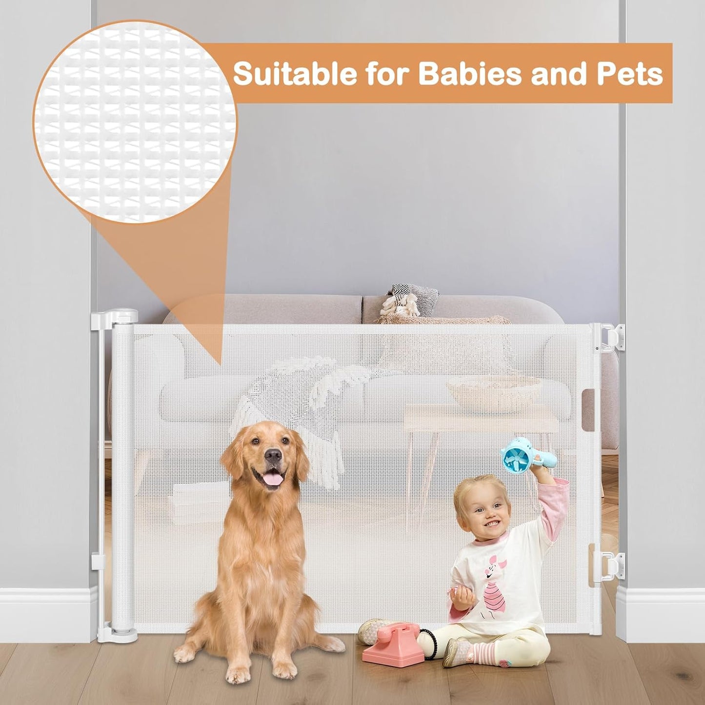Retractable Dog Gate for The House 33" Tall X 55" Wide Mesh Baby Gate Retractable Baby Gates for Doorways Scratch-Resistant Outdoor Dog Gates Indoor Prevent Kids or Pets from Crawling Under, Gray