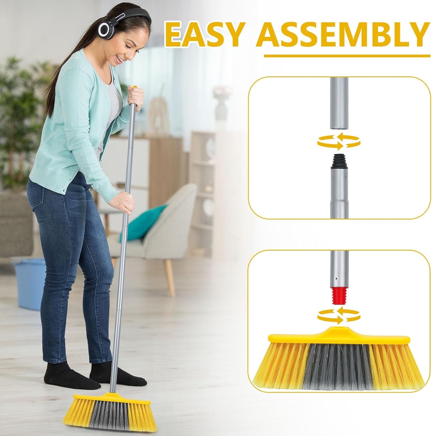Broom for Hardwood Floors Indoor Sweeping Brooms with Soft Bristles and 55” Long Handle for Tile Laminate Deck Hard Floor Cleaning-Yellow
