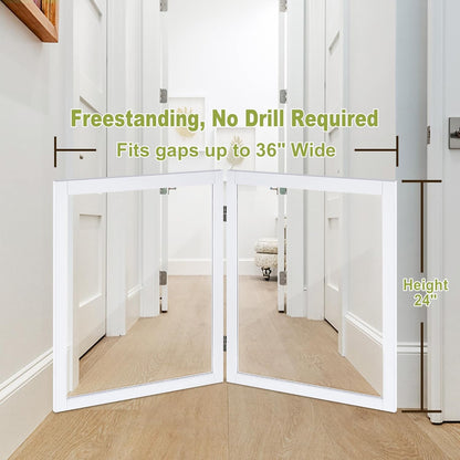 LZRS Clear Dog Gate for Indoor Use - Transparent Pet Fence with Solid Hardwood and Plastic Board, Stylish & Durable freestanding Pet Gate for Doorways, Stairs and Hallways-2 Panel Cherry