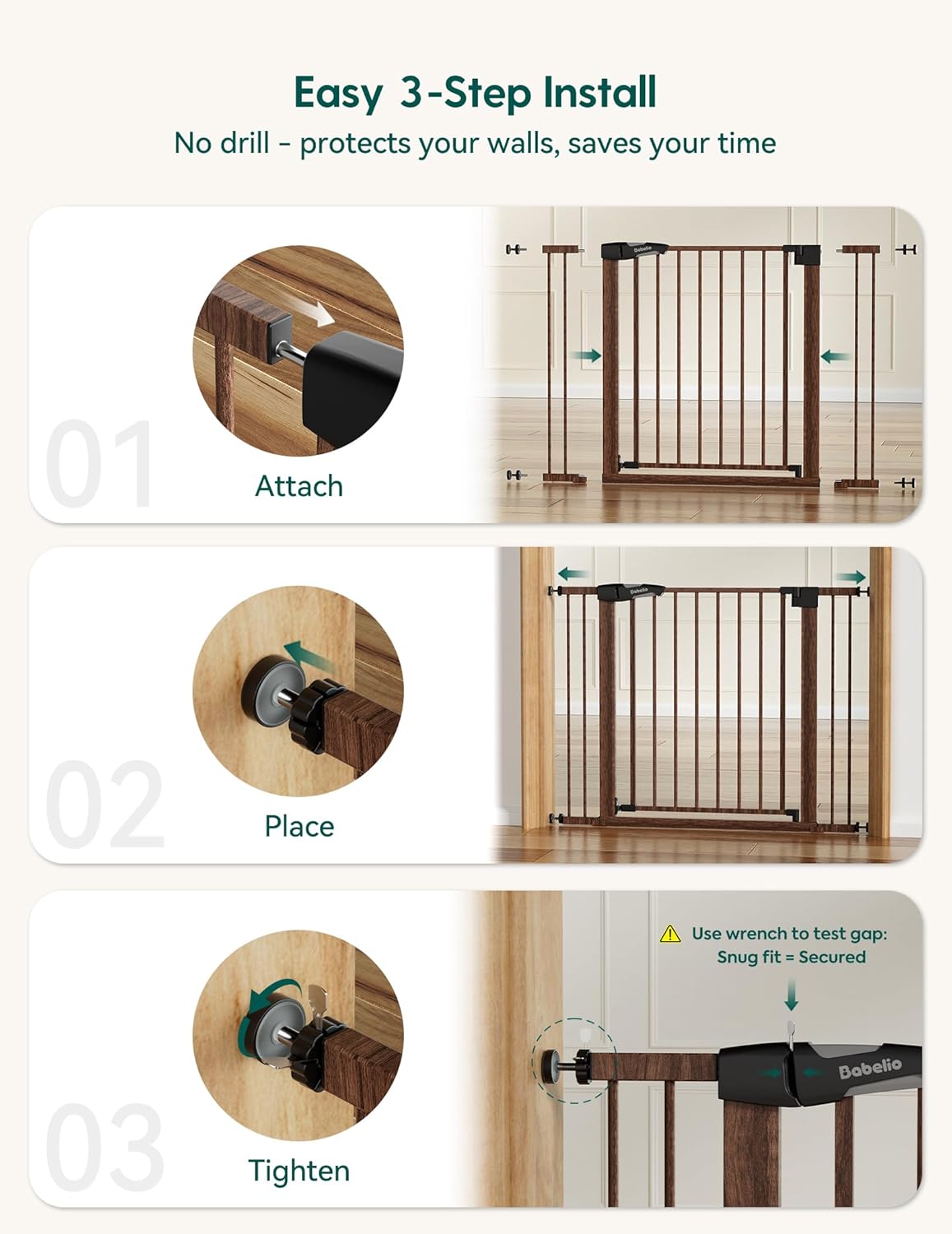 Babelio 29-55 Inch Extra Wide Baby/Dog Gate, PressGuard P7, Metal Auto Close, Pressure Mounted Pet Door for Doorways, NO Need Tools and Drilling, with Wall Cups, White