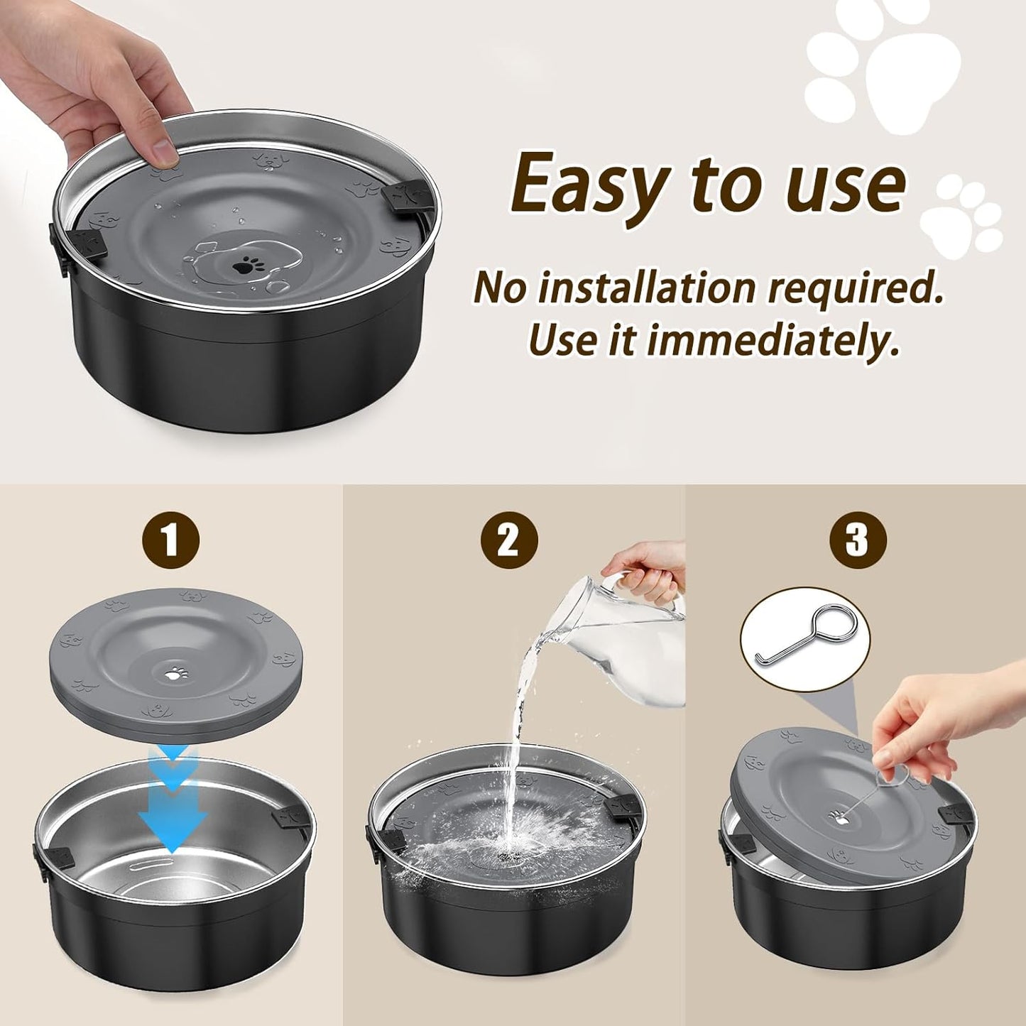 Dog Water Bowl No Spill, 1.5L/50oz Stainless Steel Slow Water Bowl for Dogs, Spill Proof Dog Bowl with Anti-Splash & Non-Slip, Slow Drinking Water Bowl Dispenser for Messy Drinkers (Black)