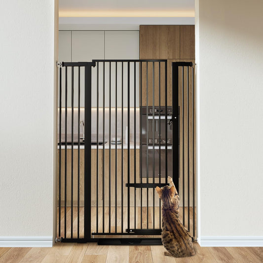 COMOMY 55.1" Extra Tall Pet Gate for Cats, Extra Wide Cat Gate with Adjustable Cat Door, Pressure Mounted Easy Walk Through Pet Gate with Door for Stairs, Doorways, Kitchen(White, 29.5-40.6")