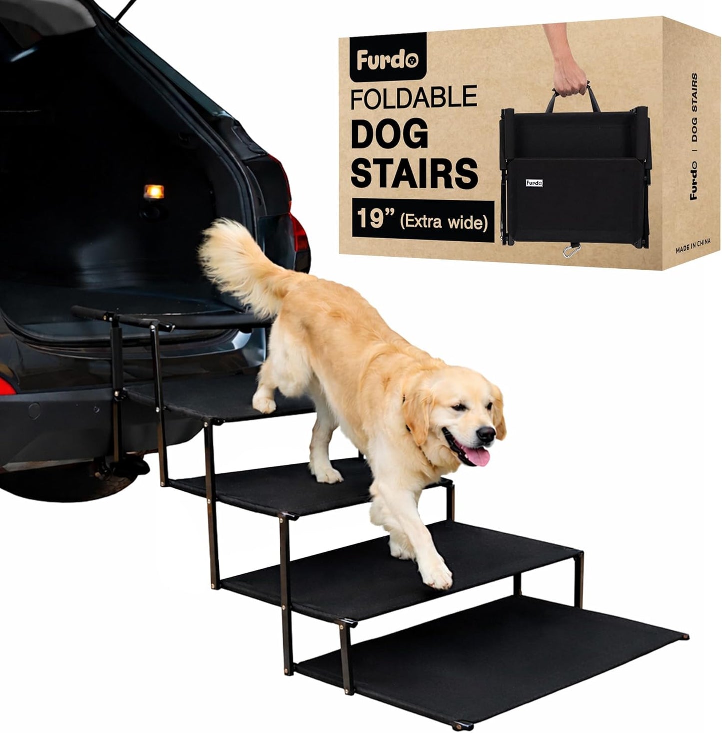 Dog Stairs for Large Dogs, for Medium Dogs, Foldable Dog Ramp for Car & SUV, Steps for Bed, Wide Non-Slip Pet Steps for Car Side Door, Truck & High Beds, Portable & Adjustable - 17" Wide