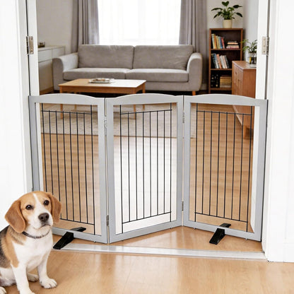 ZJSF Freestanding Dog Fence Indoor, Foldable Dog Gate for Doorways, Stairs or Hallways, Sturdy Wood Extra Wide Pet Gate with Support Feet for The House, White, 24 "Height-3 Panels