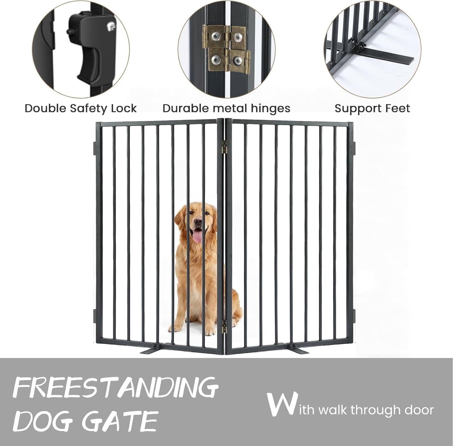 Metal Freestanding Dog Gate with Cat Door for Outdoor Indoor,80" Extra Wide Foldable Pet Fence,30" Tall Dog Gate for Large Opening,Stairs,Hallways,Doorways,Deck,Yard,with 3PCS Support(4 Panels,Black)