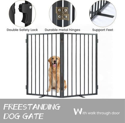 Metal Freestanding Dog Gate with Cat Door for Outdoor Indoor,80" Extra Wide Foldable Pet Fence,30" Tall Dog Gate for Large Opening,Stairs,Hallways,Doorways,Deck,Yard,with 3PCS Support(4 Panels,Black)