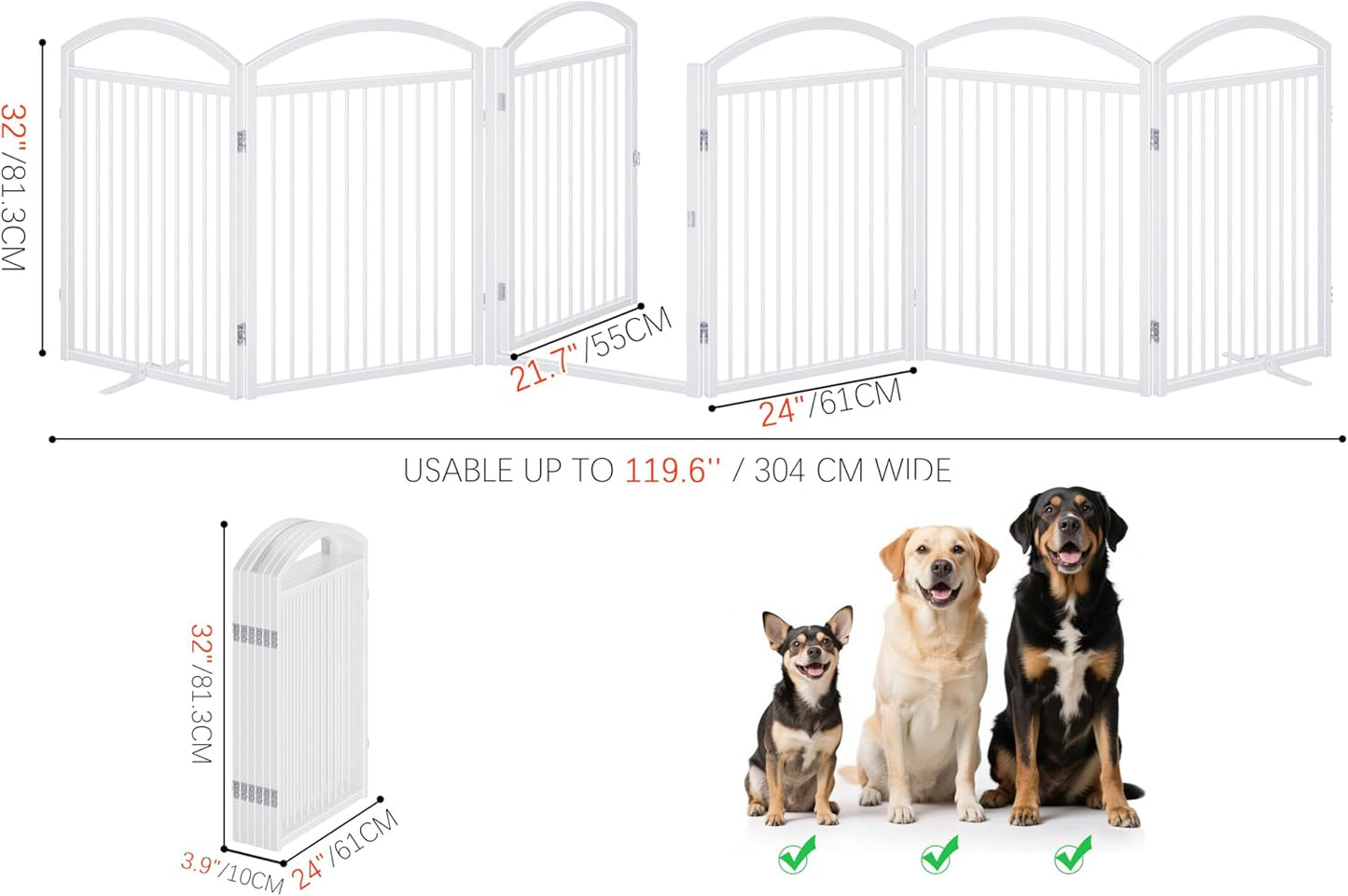Folding No-Assembly Freestanding Dog Gate with Door,32" Heights Foldable Pet Fence,144" Extra Wide Accordion Puppy Folding Playpen for Doorways,House,Stairs (6 Panels,White)