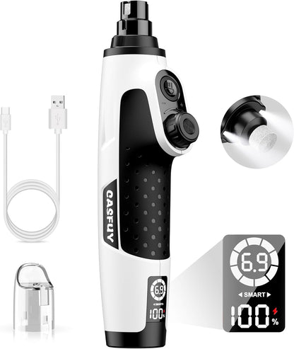 Casfuy Smart 6-Speed Dog Nail Grinder - 50% More Power Pet Nail Grinder with 2 LED Lights Quiet Rechargeable Electric Dog Nail Trimmers File Toenail Grinder for Large Medium Small Dogs & Cats (White)