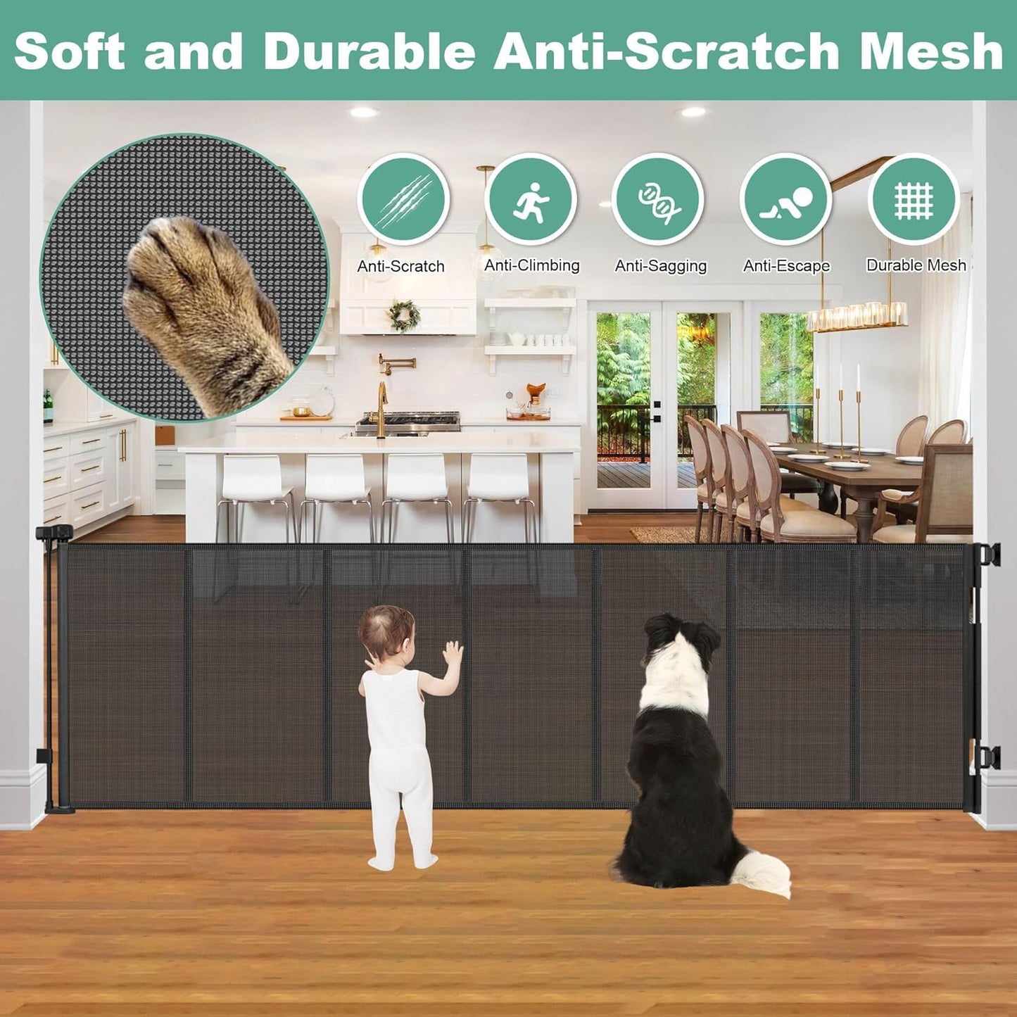 96 Inch Wide Reinforced Retractable Baby Gate with Support Rods, Extra Long Dog Gate Retractable Gate Outdoor Gates for Decks, Prevent Crawling Under Extra Long Baby Gates for Large Openings, Black