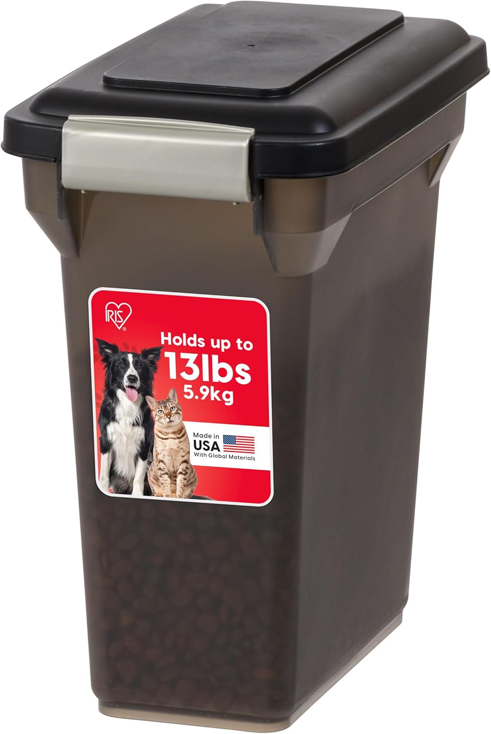 IRIS USA Dog Food Storage Container, Airtight Lid, 2-Cup Scoop, Up to 13 Pounds Pet Food Storage, Versatile Pet Food Bin, Treats, BPA Free, Gray/Dark Gray