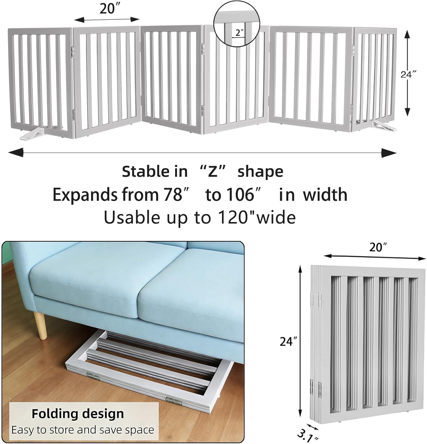 Dog Gate Indoor, Freestanding Dog Fence for The House, Doorways, Hallways,or Stairs,Pet Gate Foldable Wooden,Expandable 24" Height 3 Panels,White