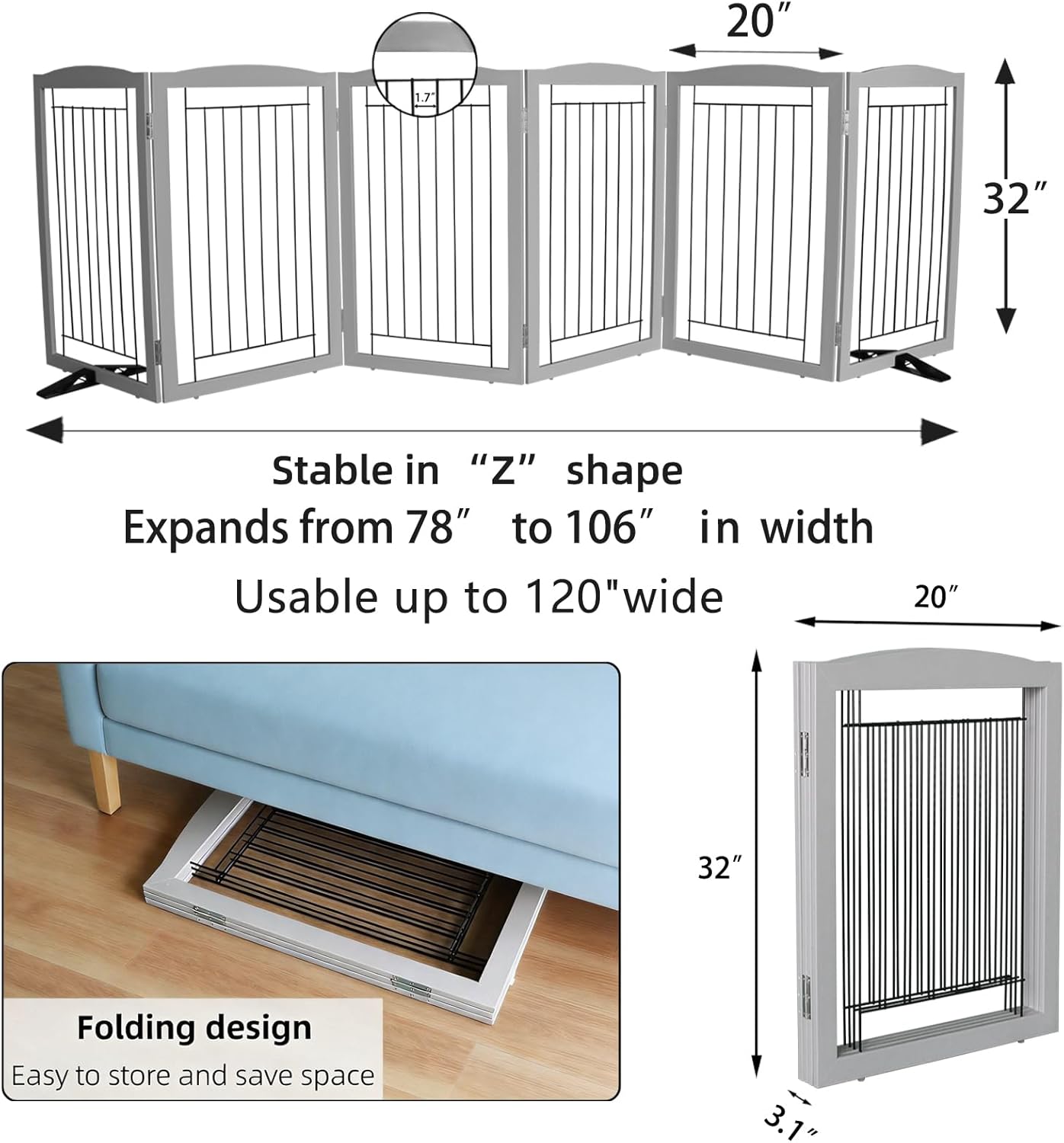 ZJSF Freestanding Dog Fence Indoor, Foldable Dog Gate for Doorways, Stairs or Hallways, Sturdy Wood Extra Wide Pet Gate with Support Feet for The House, White, 24 "Height-3 Panels