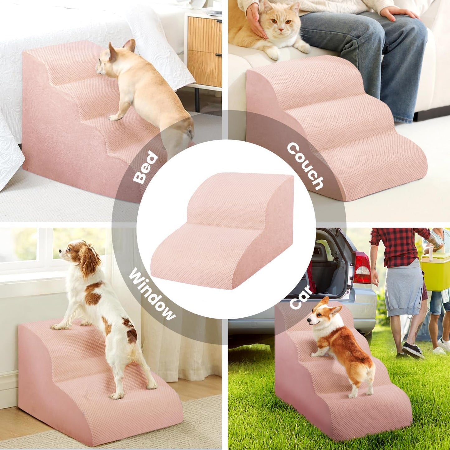 Dog Stairs for Small Dogs, 3 Tiers High Density Foam Dog Ramp, Extra Wide Non-Slip Pet Steps for High Beds Or Couch, Soft Foam Doggie Ladder for Dogs Injured, Older Pets, Small Cats