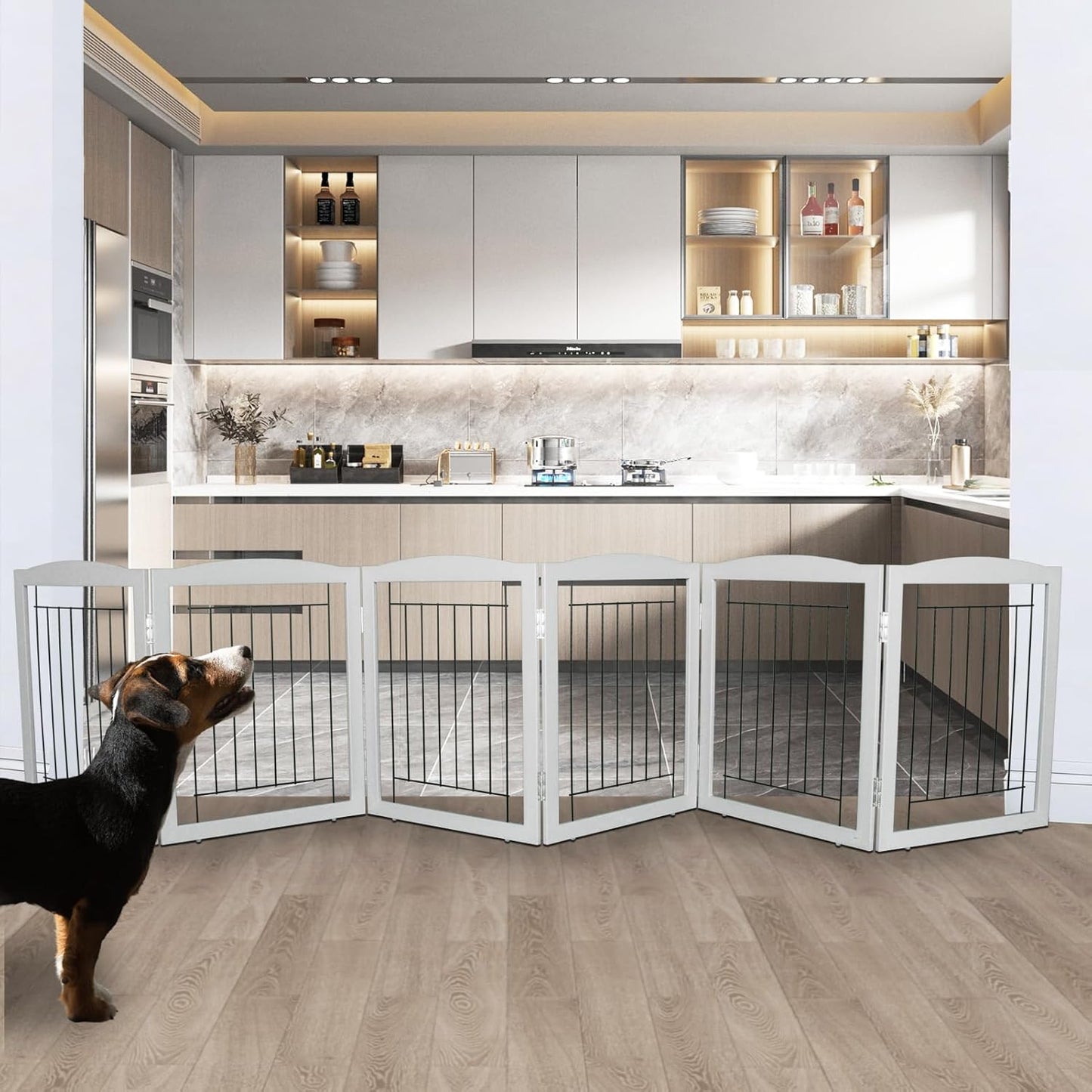 ZJSF Freestanding Foldable Dog Gate for House Extra Wide Wooden White Indoor Puppy Gate Stairs Doorways Pet Gate Tall Dog Fence 3 Panels Fence