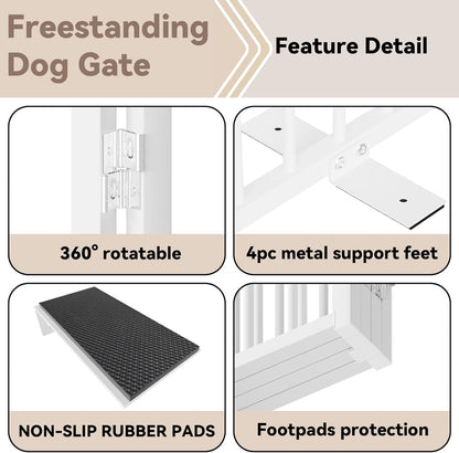 SNUOWU Full Metal Freestanding Dog Gate with Door, 32''Height Foldable Pet Dog Fence for Indoor & Outdoor, 4 Panels Extra Wide Free Standing TallDog Gates for Doorways,House,Stairs,Porch,Deck,Yard