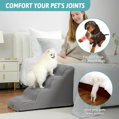 COZY KISS Dog Stairs for Small Dogs 15.7" H, Curved Dog Step for Puppy, Older Cat, Medium Pet Ramp for Sofa, Couch or Chair, Ladder with High Density Foam, 3 Step, 15.7x22.4x15.7 inch, Beige