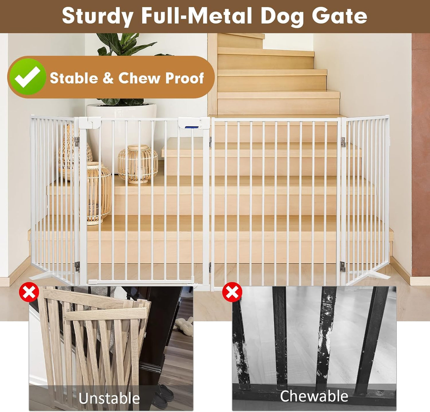 Metal Freestanding Dog Gates,Extra Wide 24", 32" Height Foldable Dog Fence for Indoor & Outdoor, Heavy Duty Freestanding Pet Barrier for Stairs, Doorways, Halls, Kitchen,Yard