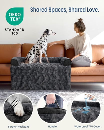 Calming Large Dog Bed for Couch, 41 x 37 inch Removable Couch Cover for Dogs Washable, Non-Slip Fluffy Plush Dog Sofa Mat for Furniture Protector - Grey