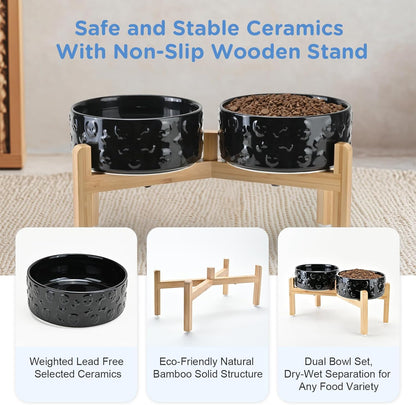 SPUNKYJUNKY Elevated Dog Bowls Ceramic, 6.1'' Dogs and Cat Food Water Bowls Raised with Non-Slip Bamboo Stand for Medium Sized Breed Microwave Dishwasher Safe - 28.7 OZ,Beige