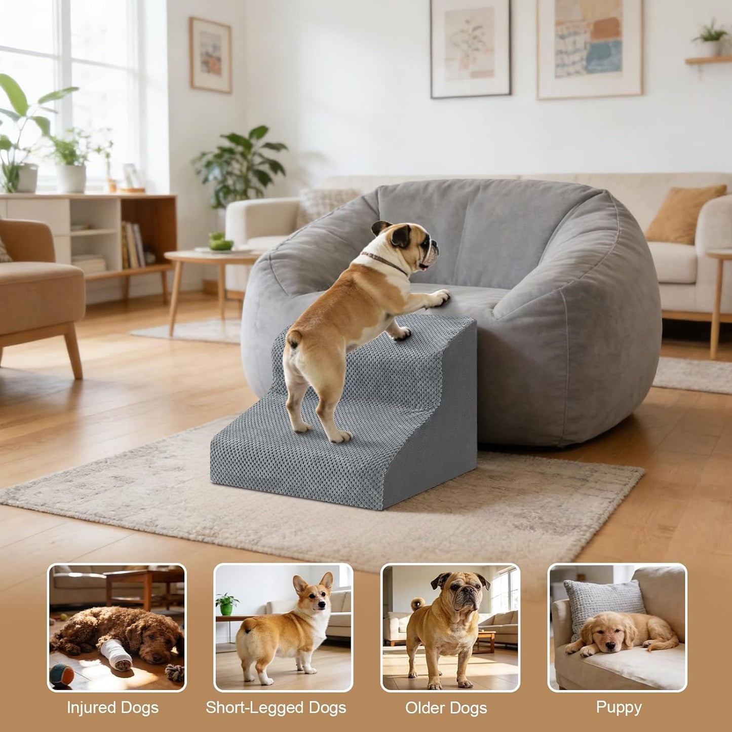 Dog Stairs for Couch, 3 Steps 13.8" H Non-Slip Pet Stair, Balanced Stable Pet Ramp for Small Dogs, Indoor Furniture Step, Gray