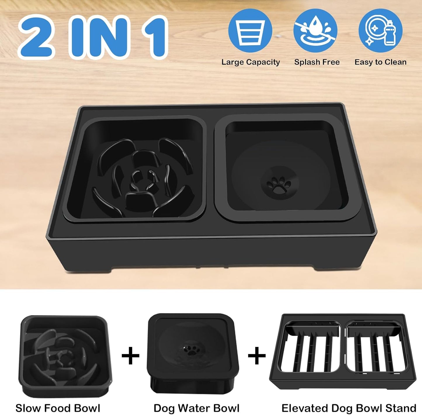 2-in-1 Elevated Slow Feeder Dog Bowls, 4 Height Adjustable Raised Dog Bowls Stand with No Spill Water Bowl, Non-Skid Pet Food Feeding Set for Small, Medium, Large Dogs Cats