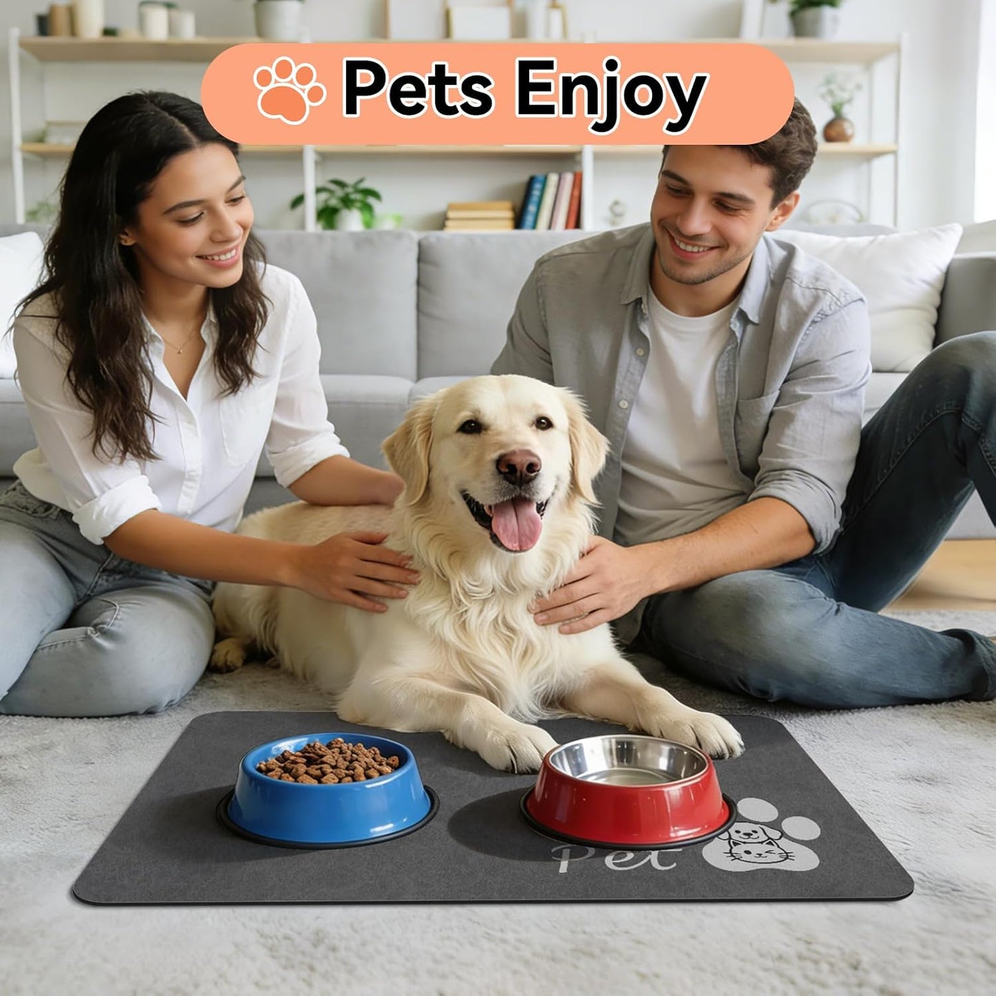 Dog Food Mat - Absorbent Cat Dog Bowl Mat for Food and Water, Quick Dry Pet Food Mats for Floors with Waterproof Rubber Backing, Puppy Cat Feeding Mats for Messy Drinkers,12"x20", Dark Grey