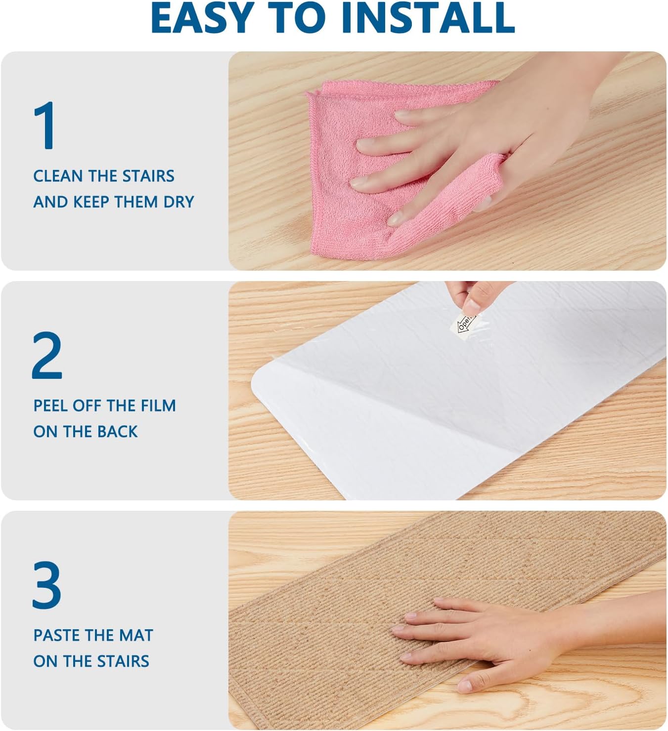 Stair Treads for Wooden Steps Indoor, 15 Pack 8" X 30" Non Slip Carpet Stair Treads with Reusable Adhesive for Kids Elders and Dogs, Surface Polyester TPR Backing Stair Rugs, Beige
