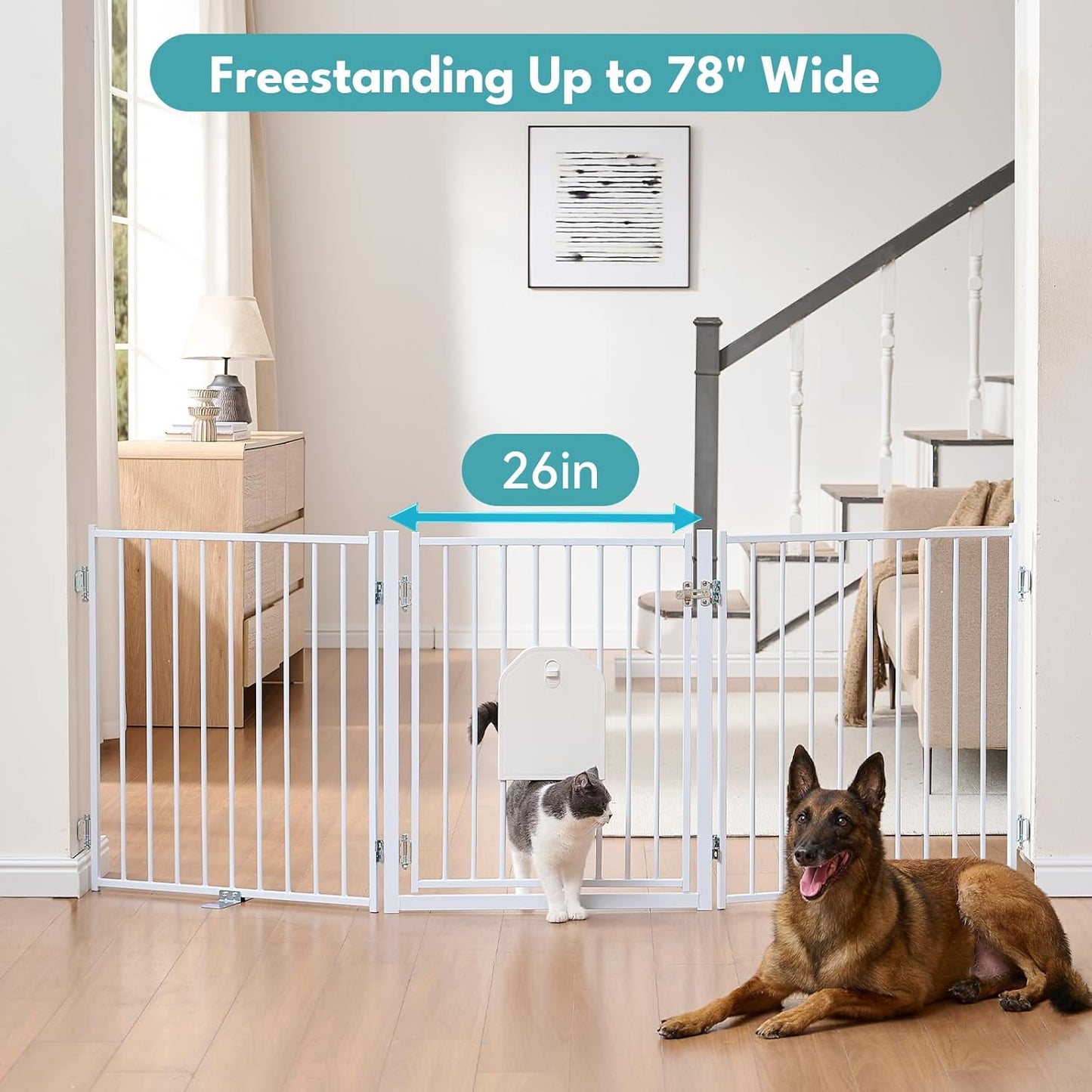 No Pawblems Dog Gate with Cat Door, Free Standing 30'' Tall Foldable Dog Fence for Indoor & Outdoor, Up to 156 Inch Extra Wide Puppy Gate for Stairs, Hallways, Doorways, Deck, Yard (Black, 6 Panels)