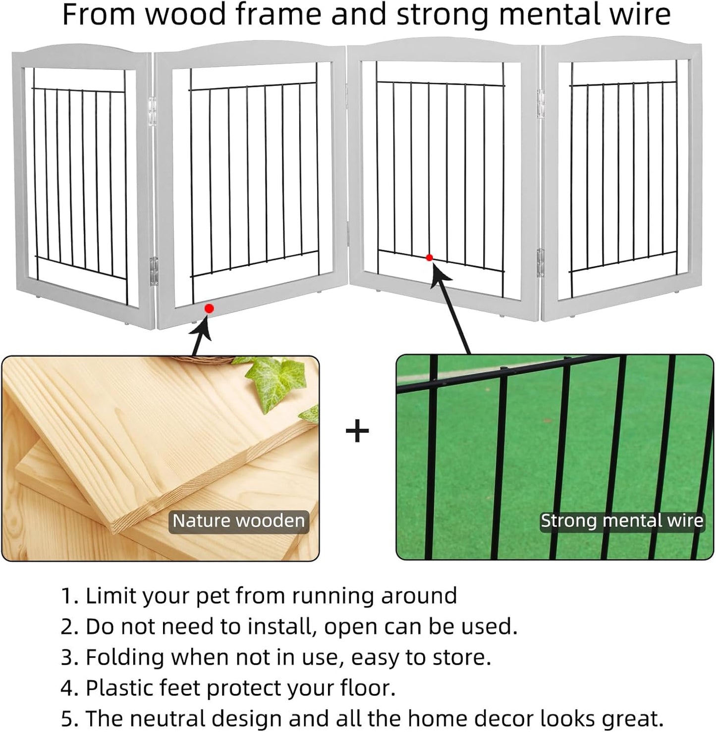 ZJSF Freestanding Foldable Dog Gate for House Extra Wide Wooden White Indoor Puppy Gate Stairs Doorways Pet Gate Tall Dog Fence 3 Panels Fence