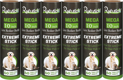 10 inch Mega All-Purpose Pet Hair Lint Roller Refills Compatible with Evercare Mega Roller 10'' Wide Ultra Sticky 60 Sheets Each Refill (Pack of 6, 360 Sheets Total)