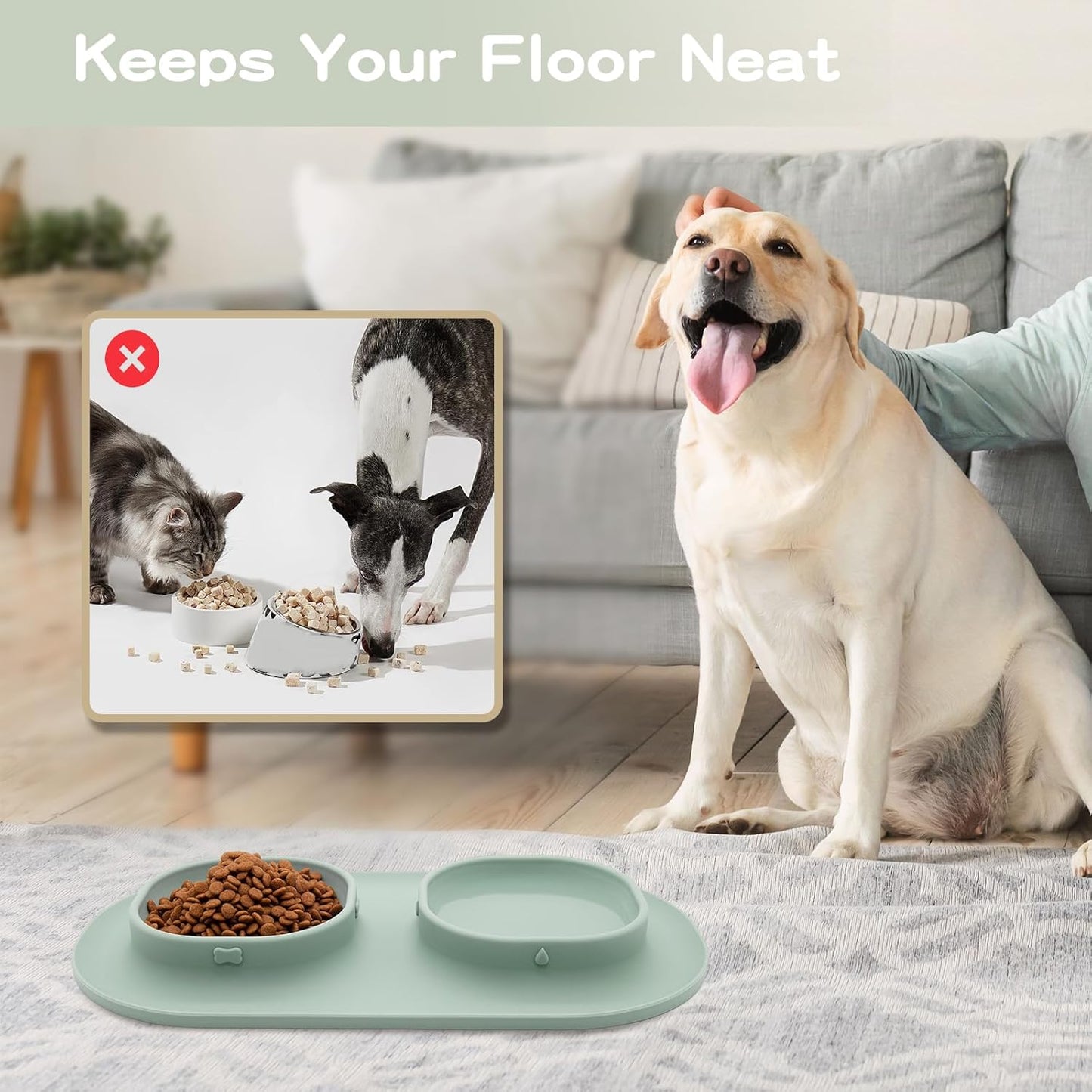 Dog Food Bowls Pet Bowls & Dog Water Bowls with No-Spill and Non-Skid, Feeder Bowls with Dog Bowl Mat for Small Medium Large Size Dogs Cats Puppy Pets, Dog Dishes (Green)