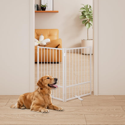 4 Panels Full Metal Freestanding Dog Gates with Door, 80” W x 32” H Folding Pet Gate Fence with Support Feet for Indoor,Stairs, Hallways and Doorways(Black)