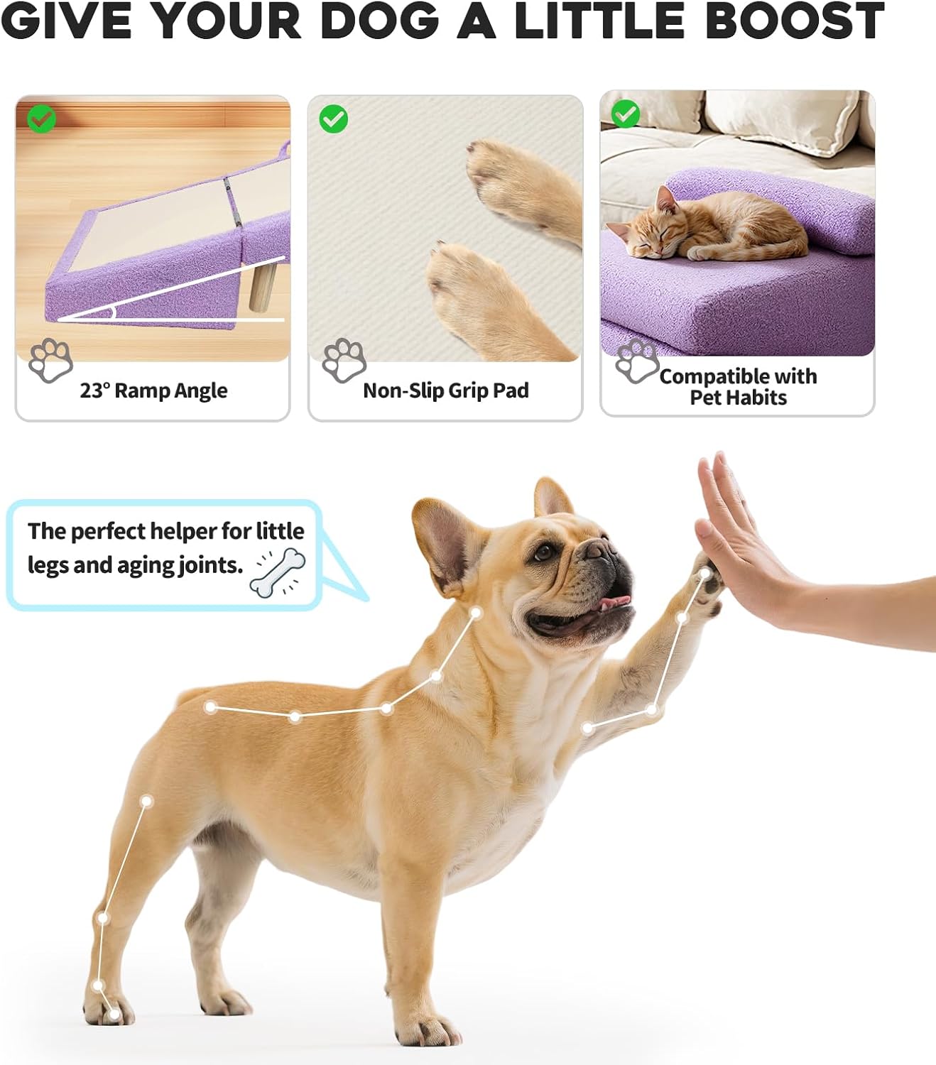 16.5'' Dog Ramp for Small Dogs & Cats, 2-in-1 Foldable Dog Stairs & Ottoman for Couch, Low Bed, Sturdy Wooden Frame, Joint-Friendly Gentle Incline, Non-Slip Surface, Light Purple