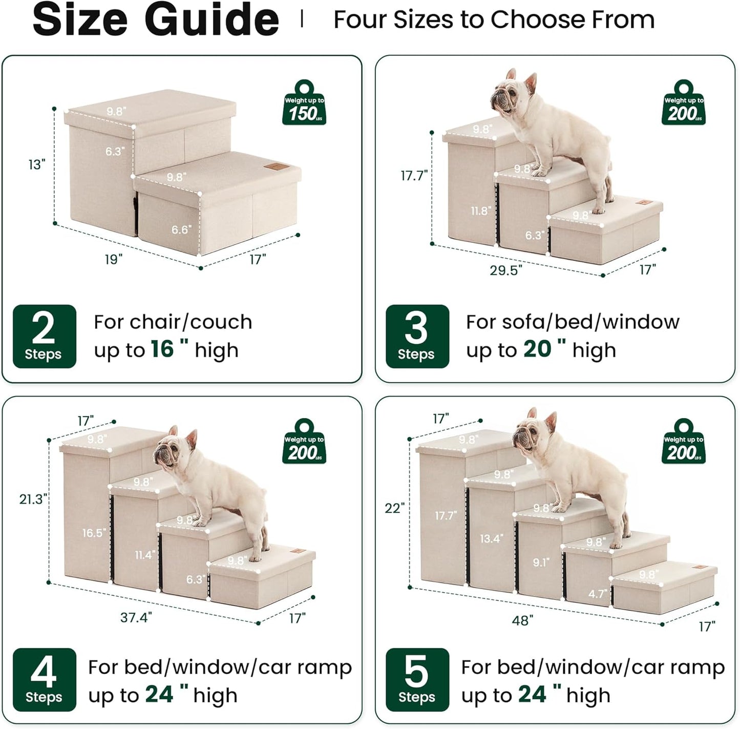 Love's cabin Dog Stairs with Storage 13" H, Foldable Pet Stairs for Small Medium or Large Dogs, Cat Puppy Steps Ramp with Zip up to 150 lbs, Solid Grey, 2 Steps