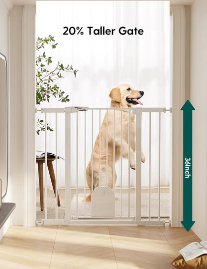 Babelio 36" Tall Auto Close Baby Gate with Small Cat Door, 29-43" Metal Cat Gate for Doorway, Stairs, House. Easy Walk Thru Dog Gate with pet Door, Includes 4 Wall Cups and 3 Extension Pieces, Black