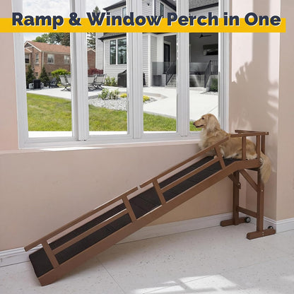 Dog Ramp for Bed or Couch, Wooden Pet Ramp with 20° Gentle Slope, Removable Side Rails, Non-Slip Surface, Top Platform & Wheels, Safe Bed Ramp for Small, Large & Senior Dogs, 60" Long, Mahogany