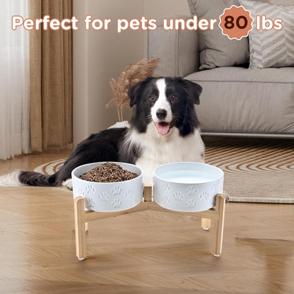 SPUNKYJUNKY Elevated Dog Bowls Ceramic, 6.1'' Dogs and Cat Food Water Bowls Raised with Non-Slip Bamboo Stand for Medium Sized Breed Microwave Dishwasher Safe - 28.7 OZ,Beige