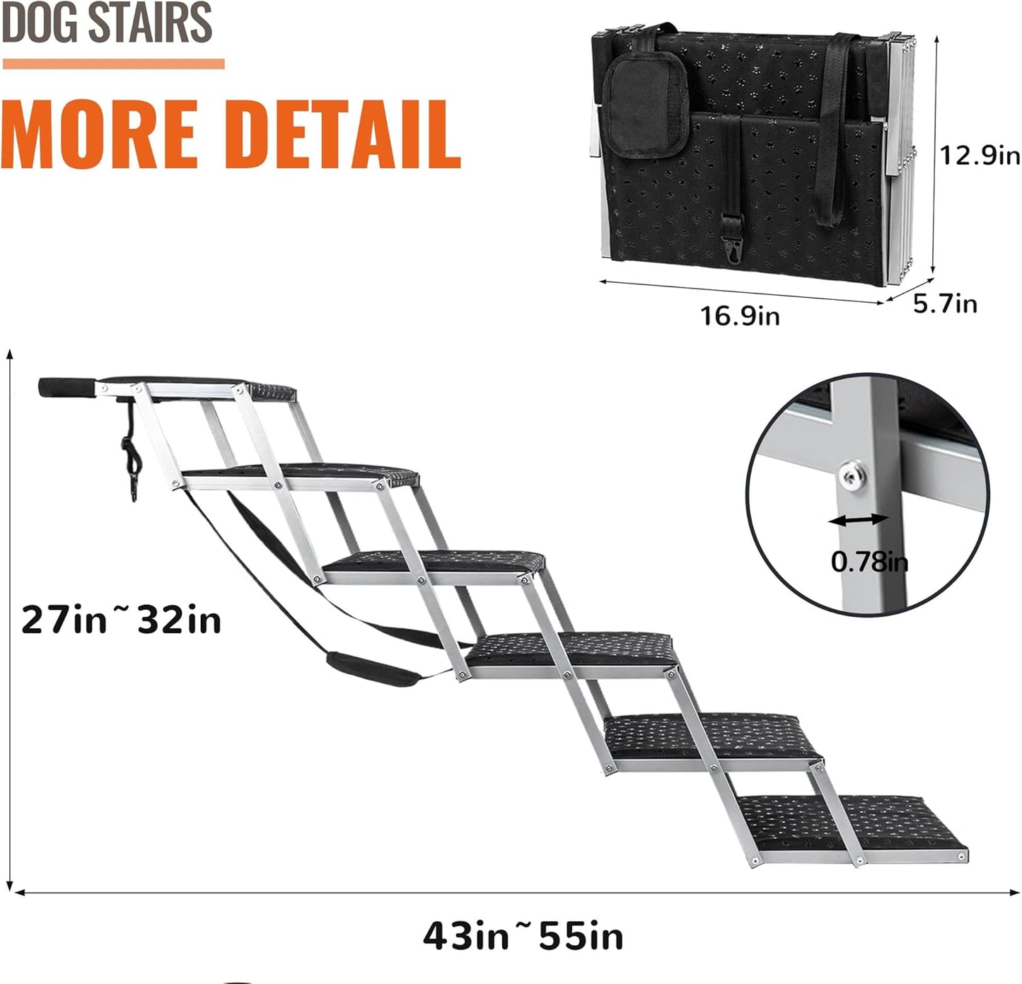Dog Stairs for Car - Foldable Dog Ramps for Large Dogs with Non Slip Surface, Portable Dog Steps for Cars and SUV, Truck, Support Up to 200 Lbs