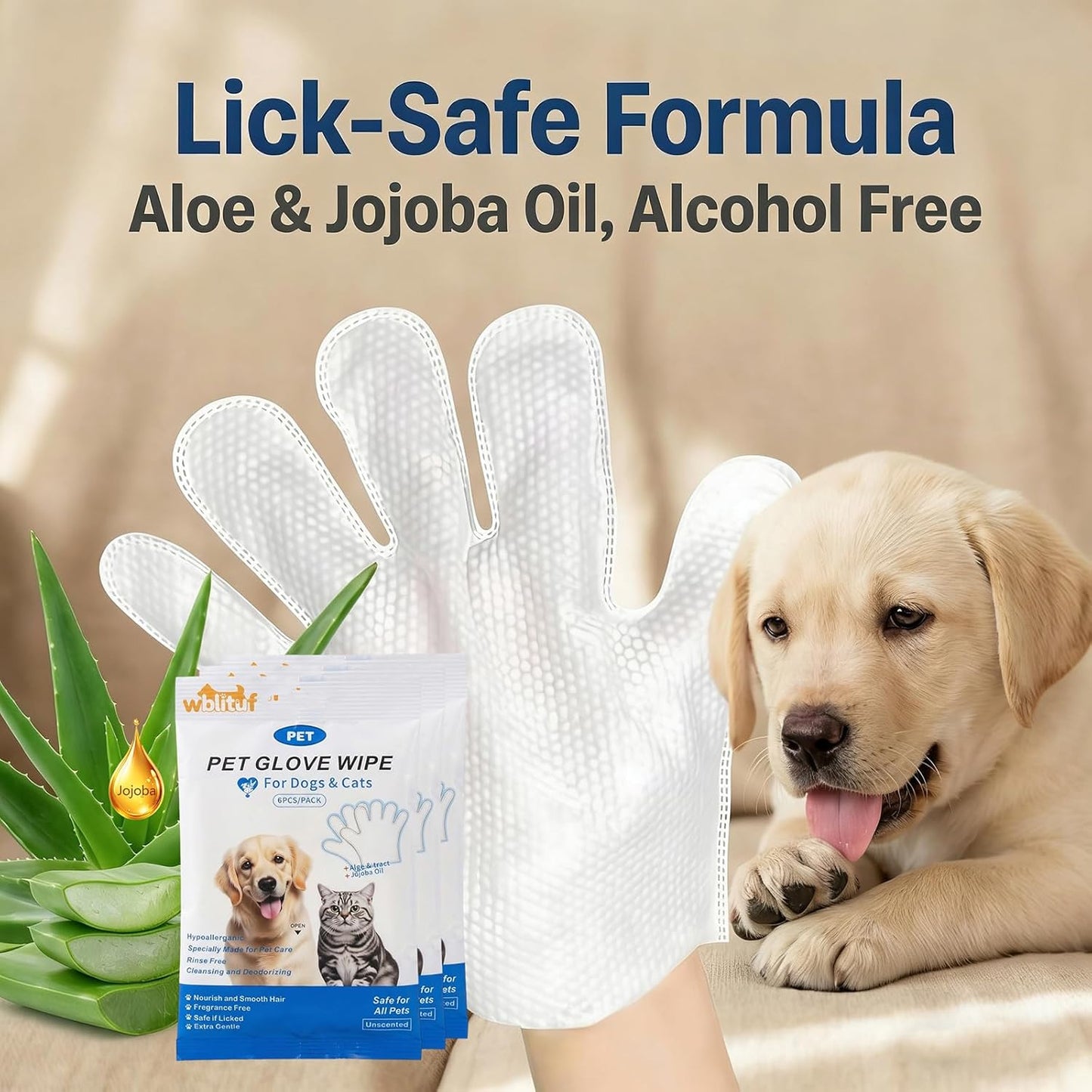 Pet Cleaning Gloves (6 Count) | Extra Thick Disposable Grooming Gloves with Aloe & Jojoba Oil, Waterless No-Rinse Odor Control, Lick-Safe Five-Finger Design for Cats & Dogs