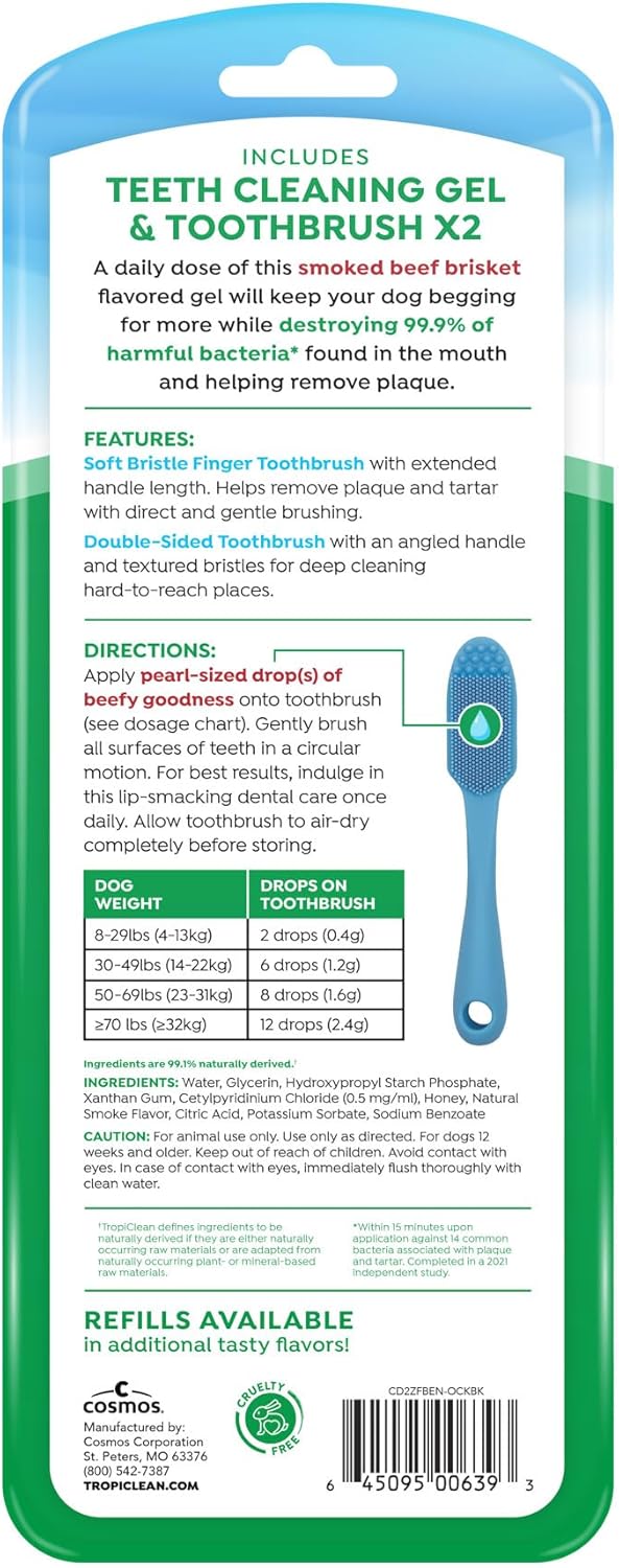 TropiClean Fresh Breath Oral Care Kit - Soft Bristle Finger Toothbrush - Dog Tooth Brushing Kit - Peanut Butter and Honey Flavor Dog Toothpaste