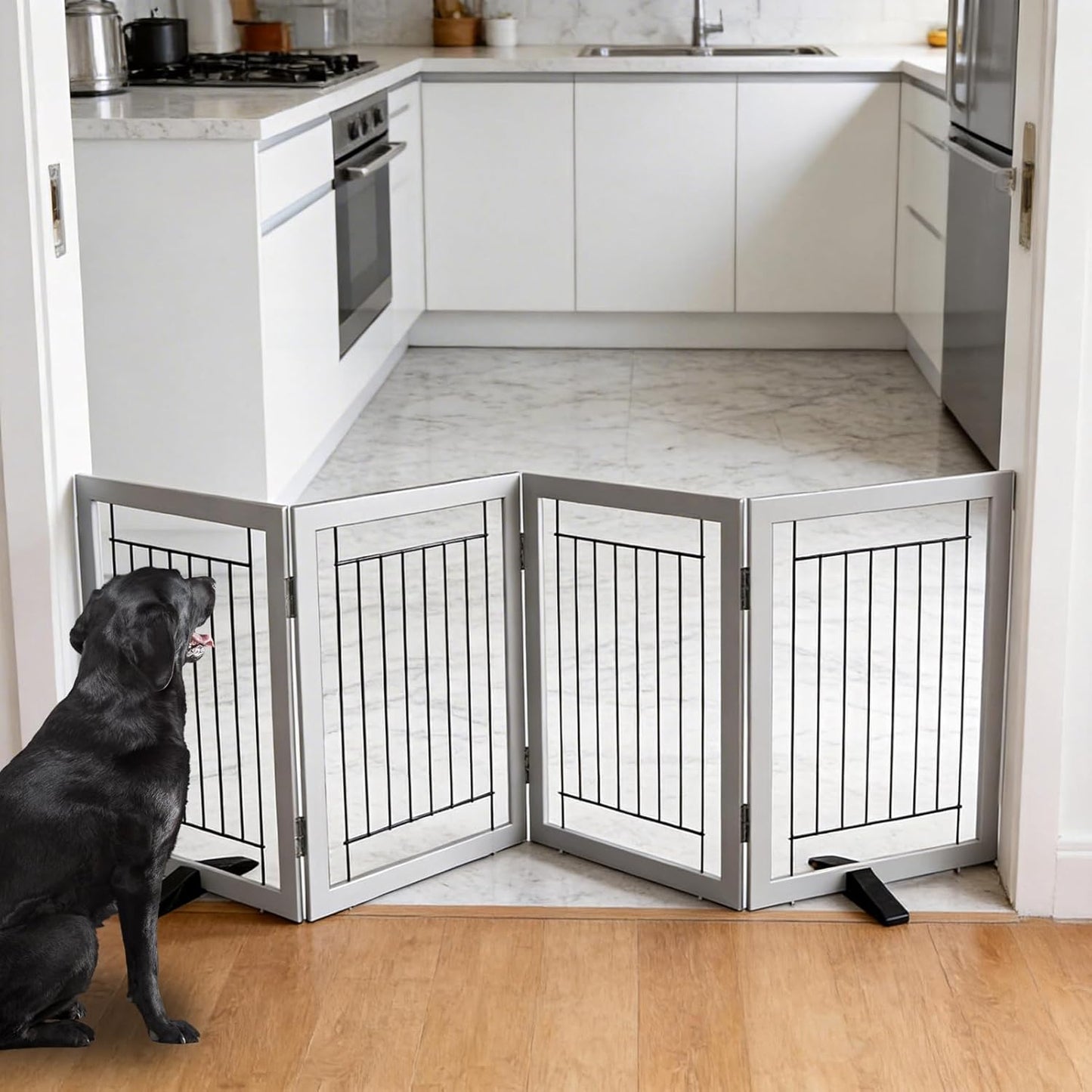 ZJSF Freestanding Dog Gate Indoor, Foldable Dog Fence for Doorways,Hallways or Stairs, Sturdy Wood Extra Wide Pet Gate with Support Feet,Black,24 "Height-3 Panels