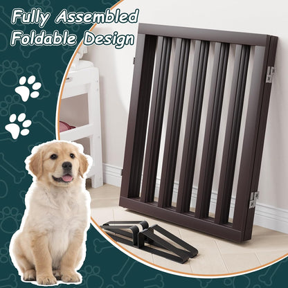 Freestanding Dog Gates Indoor, 3-Panel Pet Gates with 2 Metal Stands and 360° Hinge, 24" H Foldable Dog Gate for Stairs, Doorway, Kitchen, Expands Up to 55" Fully Assembled - Black Walnut