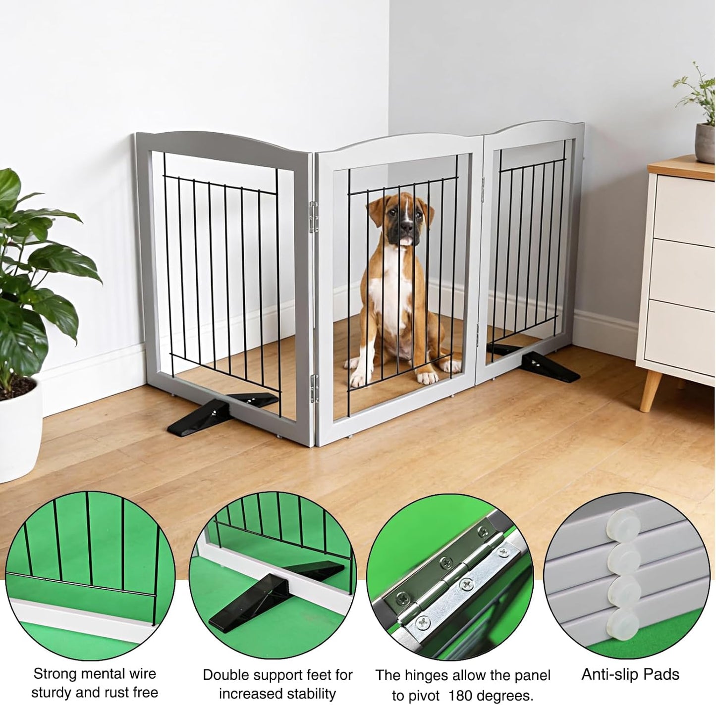 ZJSF Freestanding Dog Fence Indoor, Foldable Dog Gate for Doorways, Stairs or Hallways, Sturdy Wood Extra Wide Pet Gate with Support Feet for The House, White, 24 "Height-3 Panels