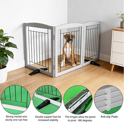 ZJSF Freestanding Dog Fence Indoor, Foldable Dog Gate for Doorways, Stairs or Hallways, Sturdy Wood Extra Wide Pet Gate with Support Feet for The House, White, 24 "Height-3 Panels