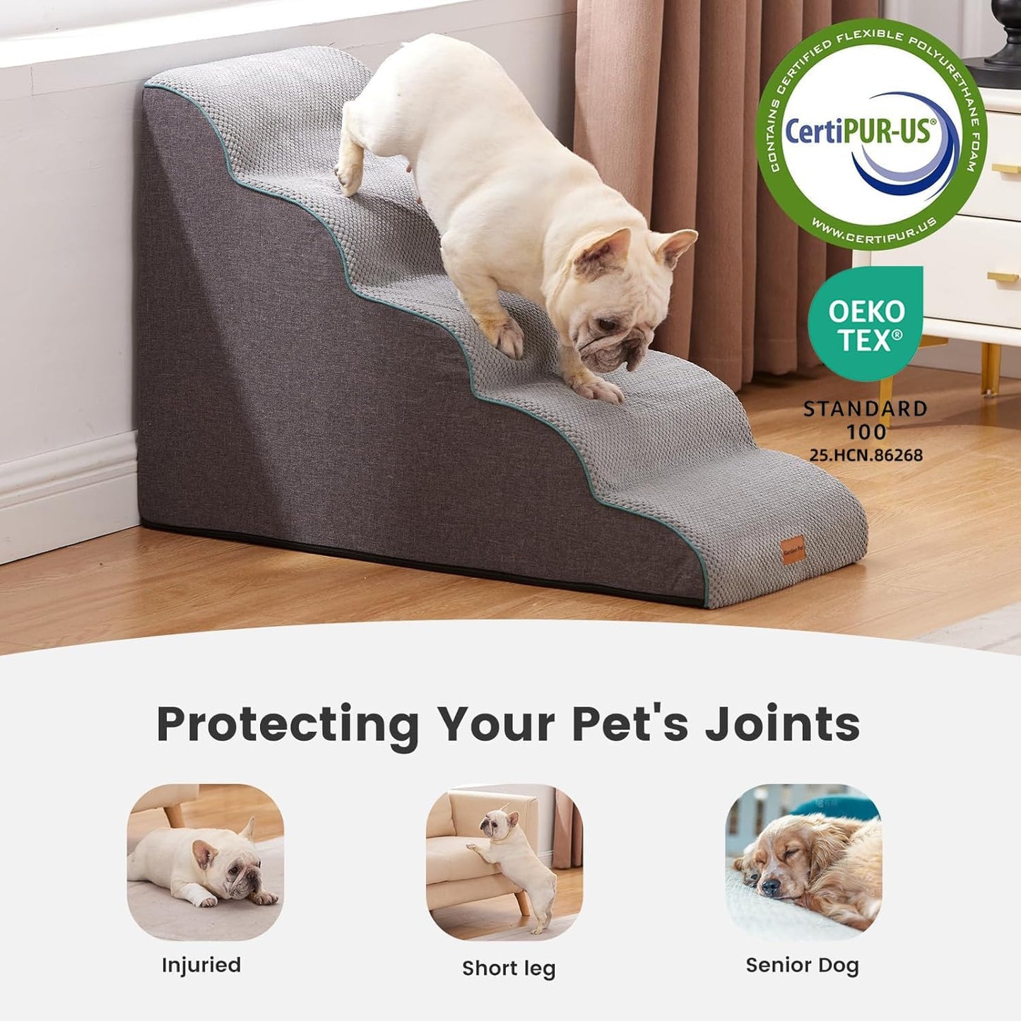 Gardner Pet 4-Step Dog Stairs for Small Dogs 18.5" H, Curved 4-Step Pet Stairs, Dog Steps for High Bed (18-20 in), Couch with Durable Non-Slip Waterproof Fabric Cover and CertiPUR-US Certified Foam