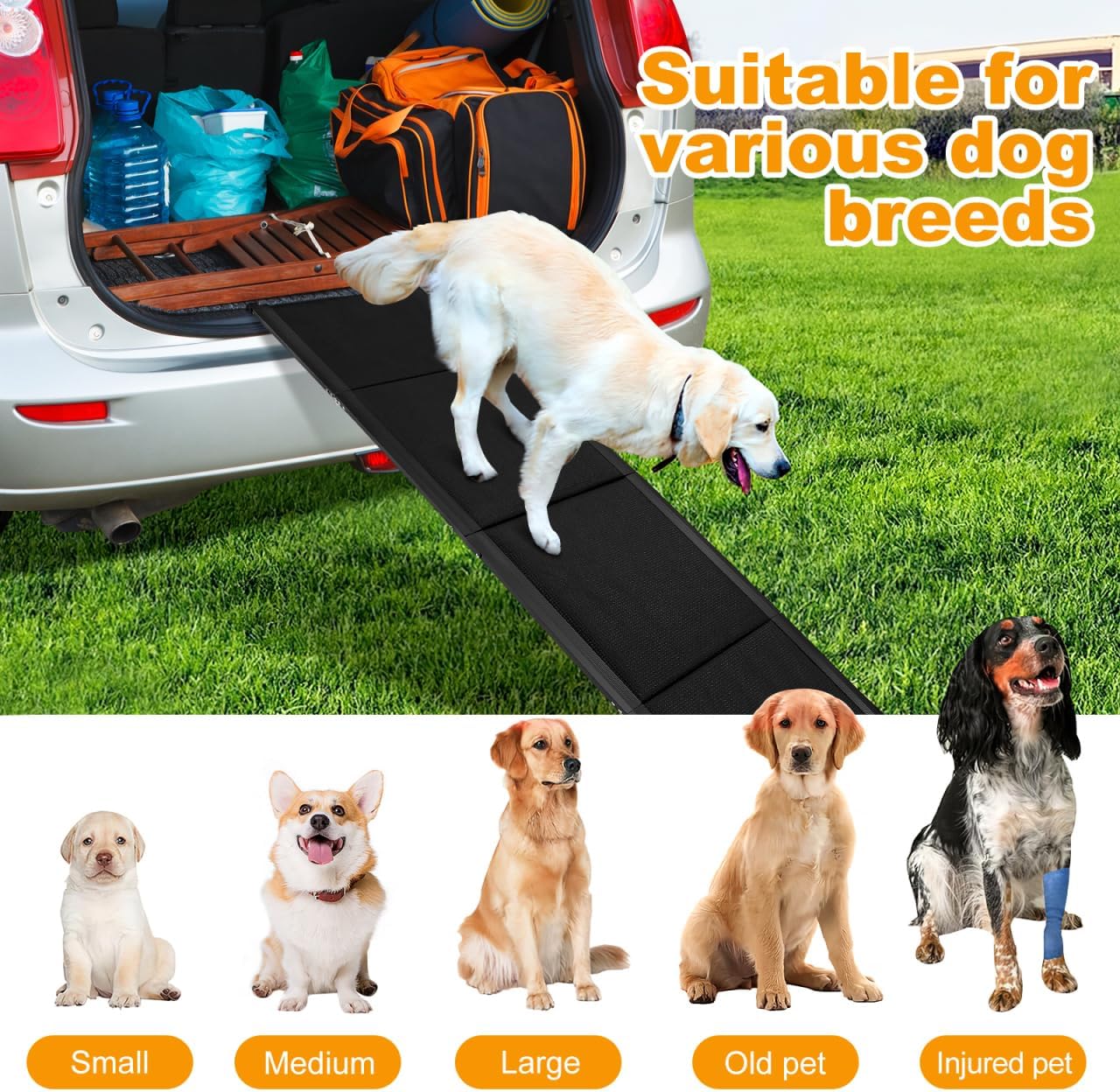 CALLARON 71''x 20'' Dog Ramp for Car, Foliding Dog Ramp with Non-Slip Rug Surface, Extra Wide Long Pet Stairs Supports Up to 300 LBS, Slow Slope Dogs Stairs for SUV, Truck, Large & Senior Pets