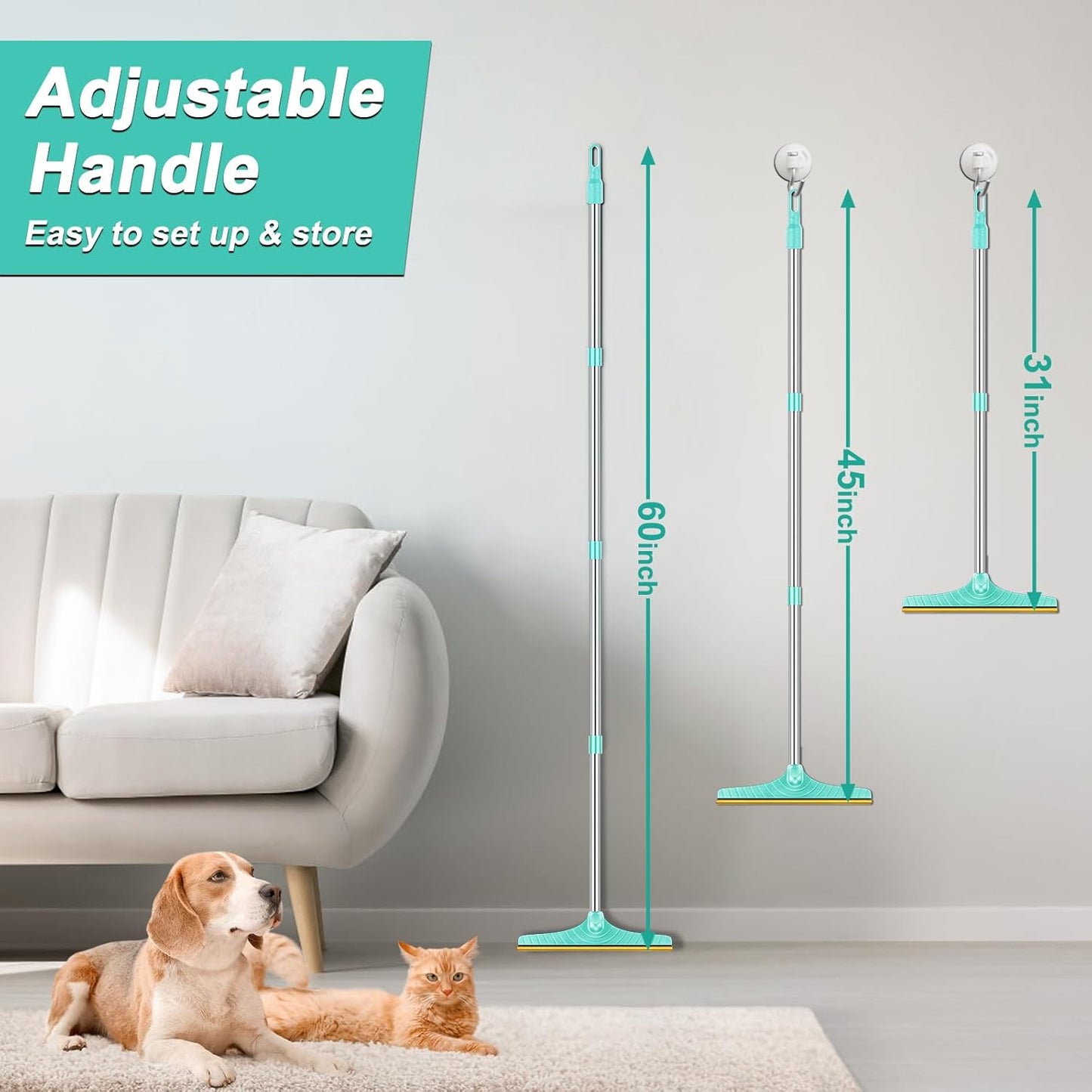 5FT Carpet Rake Pet Hair Remover, Reusable Carpet Rake with Telescopic Handle for Pet Hair Removal Tool Dog Cat Fur Remover Broom for Rugs, Mats, Beds, Stairs (Gray)
