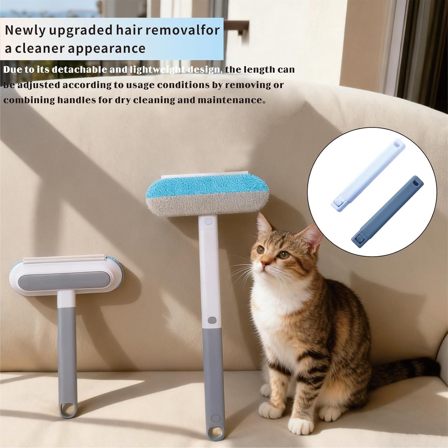 4 in 1 Pet Hair Remover Tool, Grey, 23.3Inch Adjustable Long Handle, Reusable, Washable Lint Cleaner for Dog and Cat Hair, Gentle on Furniture, for Couch, Furniture, Carpet, Clothes, Bedding