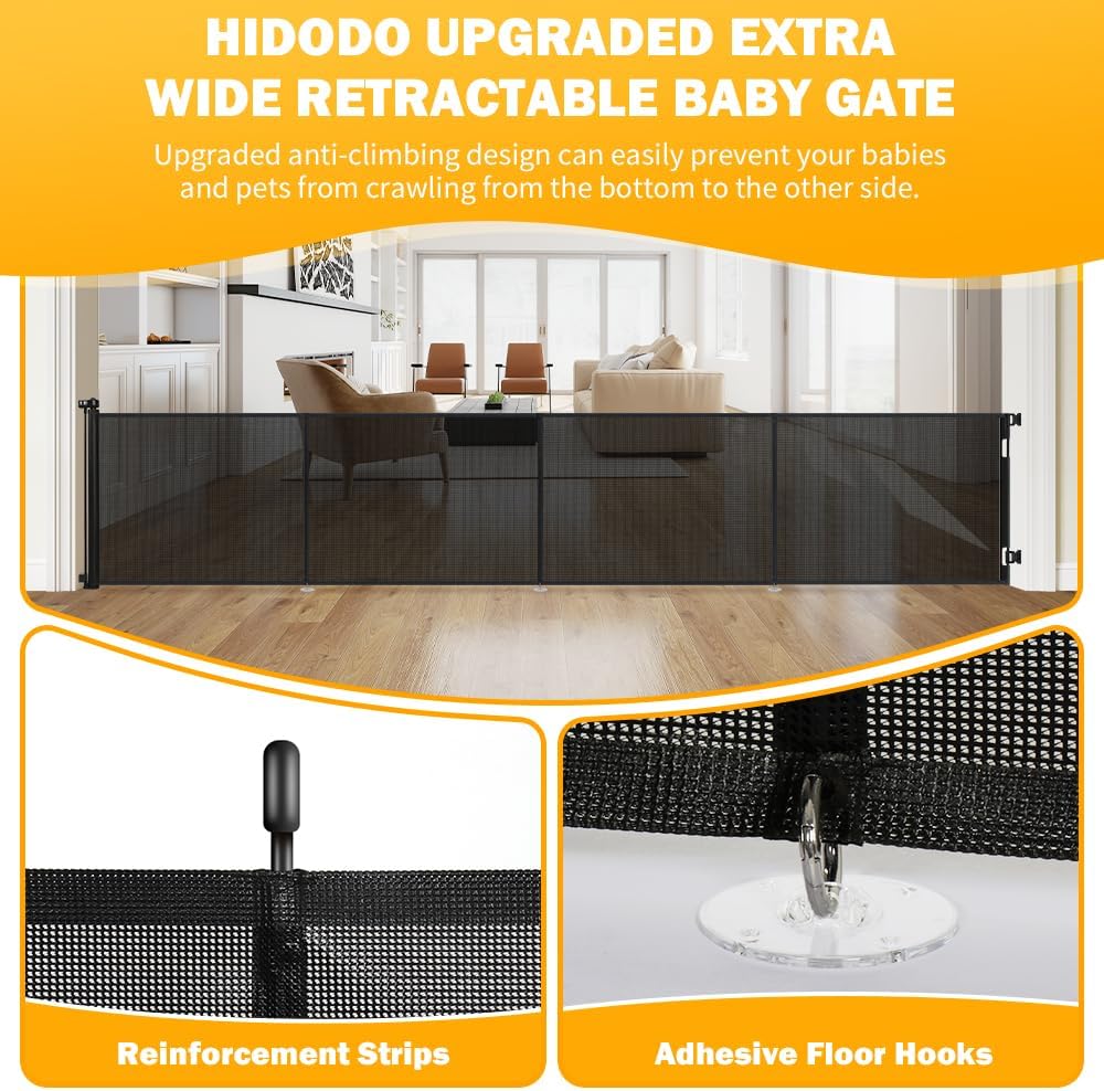 47” Extra Tall Retractable Baby Gate, Reinforced Mesh Dog Gate Extends to 71" Wide, Baby Gate for Stairs, Doorways, Hallways, Indoor and Outdoor, Black